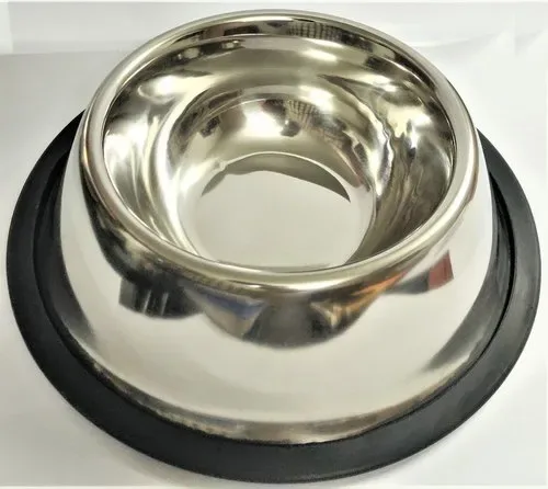 Mirror Polished Slow Feeding Dog Bowl with Black Rubber Base